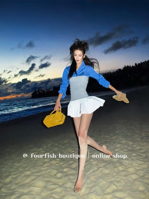 （现）腻腻/张元英同款「m系女孩」撞色拼接抹胸百褶连衣裙