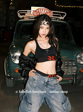 （现）小众设计美式时髦辣妹红色字母外穿美背吊带背心内裤套装