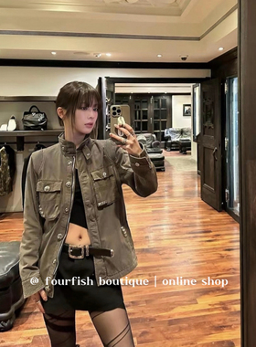 （现）方圆同款小众复古十字架铆钉扣做旧水洗立领牛仔夹克外套女