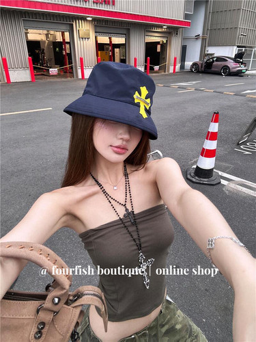 （现）小众时髦辣妹十字架拼皮渔夫帽子 男女同款