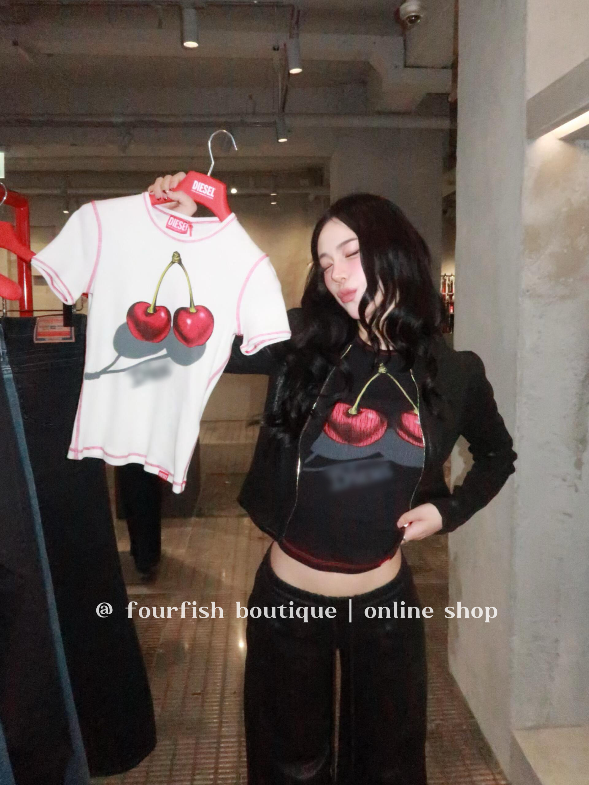 (现)jisoo金智秀同款小众设计美式辣妹樱桃印花短袖T恤上衣26新