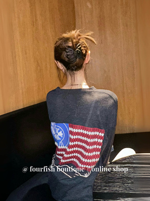 （现）小众时髦美式复古辣妹后背印花字母宽松透视长袖防晒上衣