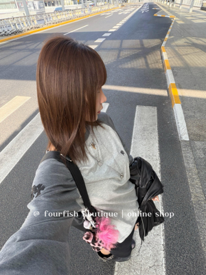 （现）小众设计美式辣妹拼接撞色桑蚕丝羊毛宽松休闲圆领长袖T恤
