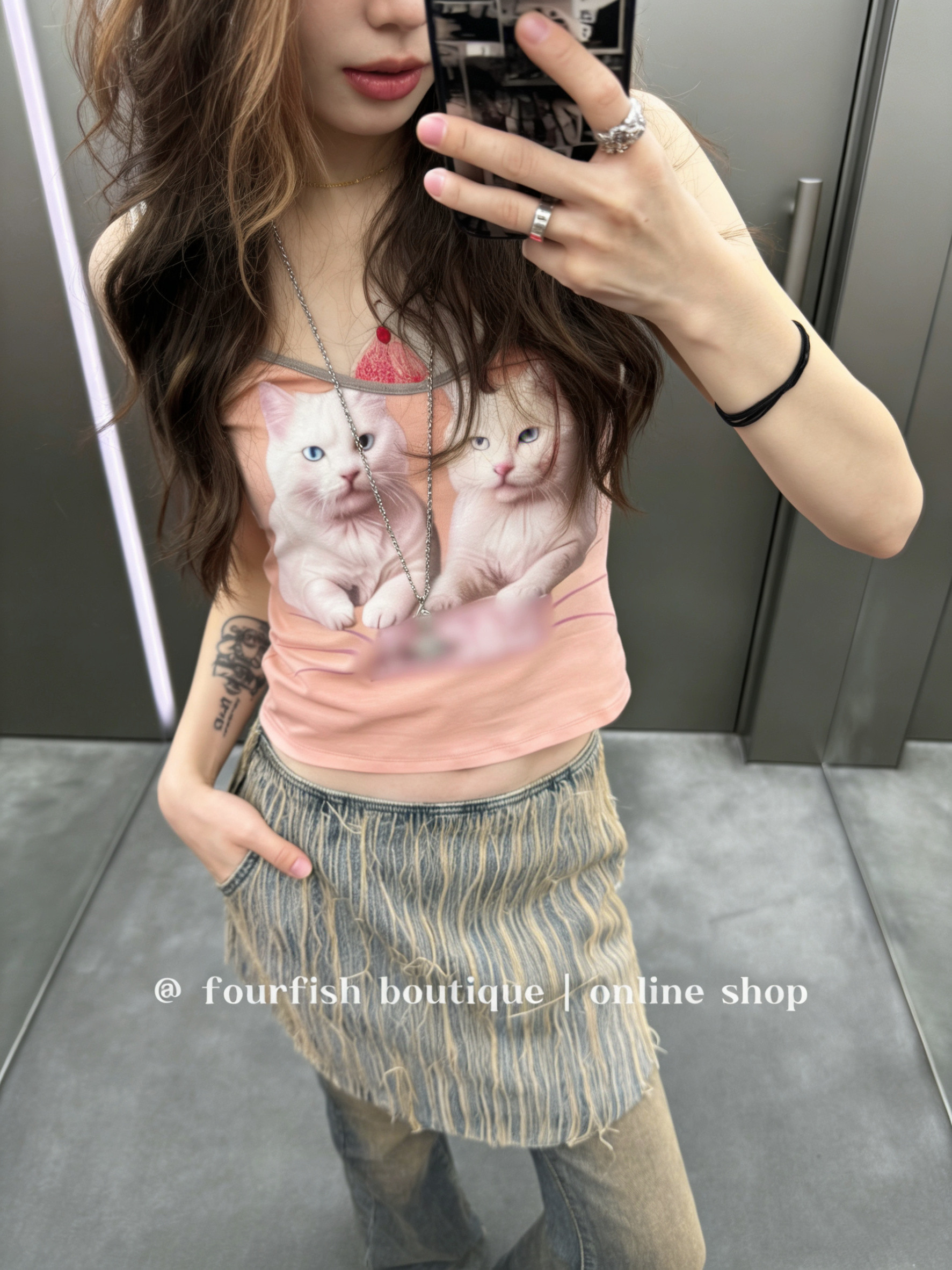 （现）小众设计美式辣妹可爱猫猫印花女士修身吊带背心