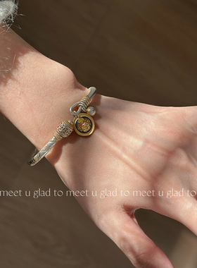 GTMU财富多多黄财神吉言实心手镯女足银9999新中式国风招财银镯子