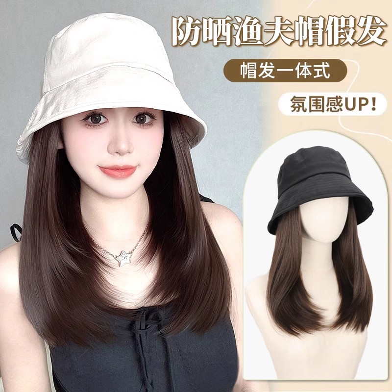 女士带头发的帽子防晒渔夫帽子夏天时尚自然网红直黑全头套仿真假