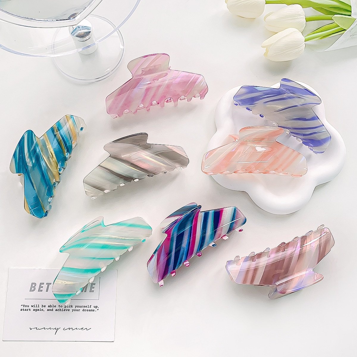 幻彩条纹鲨鱼夹大号仿醋酸抓夹感优雅气质发抓后脑勺盘发发夹