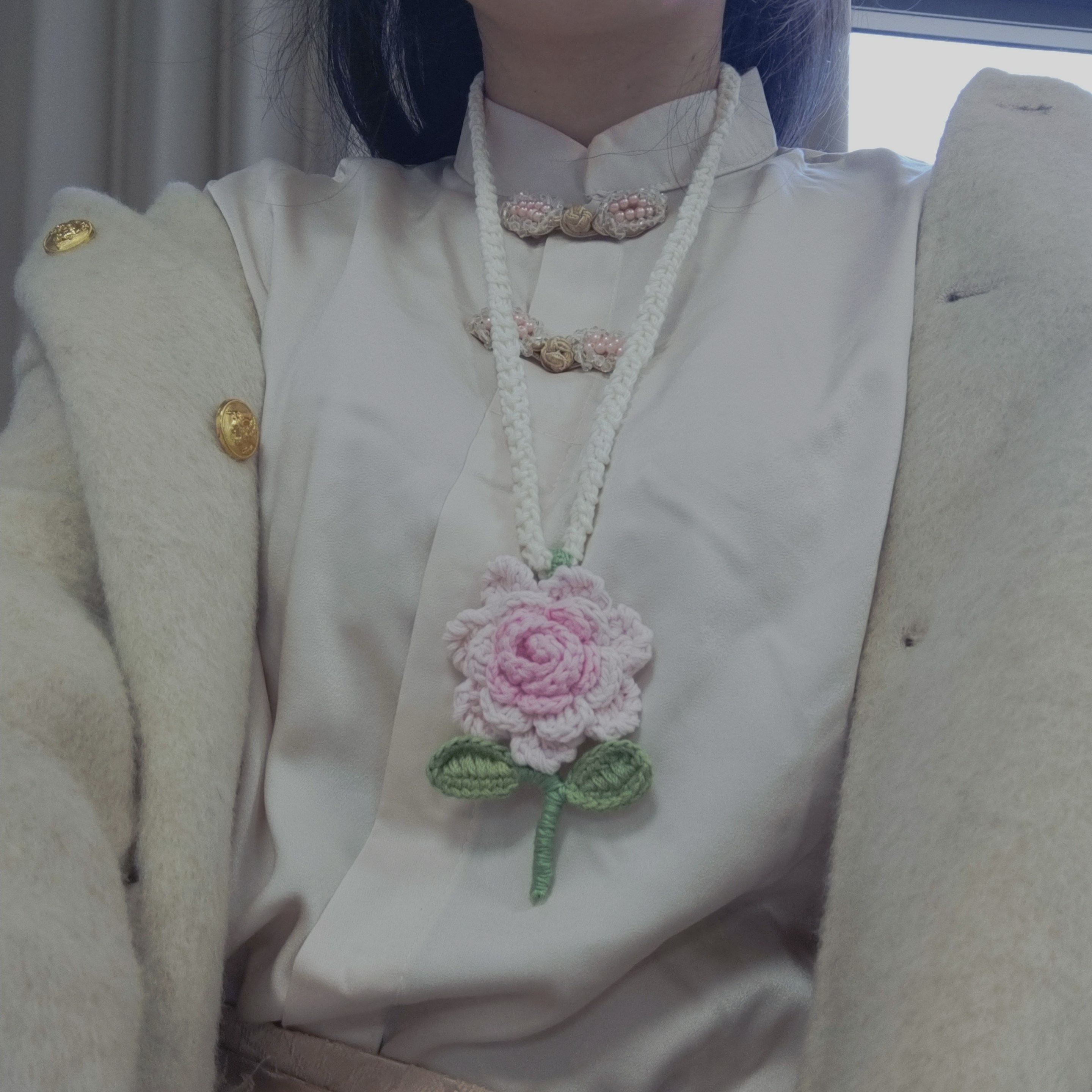 2024新款手工编织毛线渐变蔷薇花玫瑰项链女森系甜美吊坠链饰品