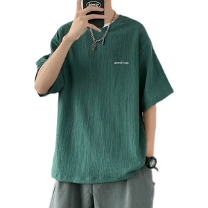港风夏季新款男士宽松冰丝刺绣休闲短袖T恤219-2-9002-P30图片