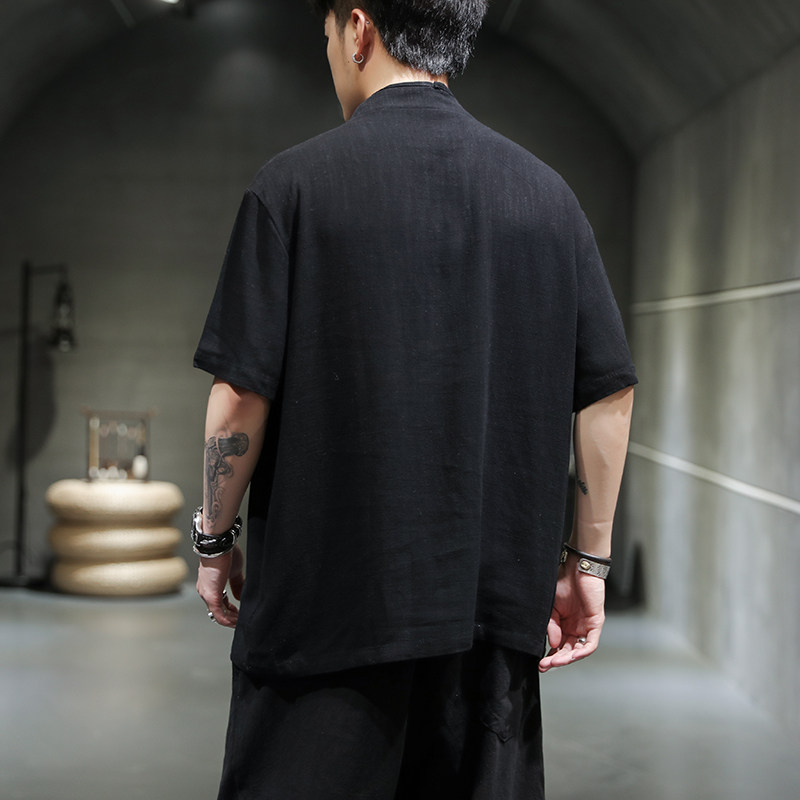 风夏季新款男士宽松盘扣棉麻衬衫休闲短袖T恤219-2-W18-P55,男装T恤,星座219-2