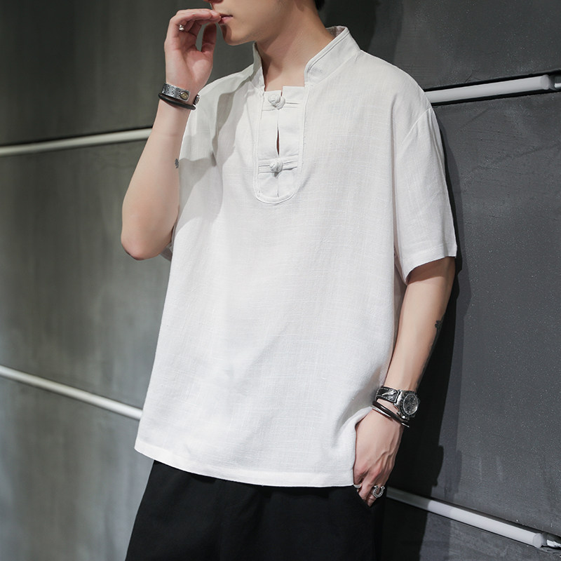 风夏季新款男士宽松盘扣棉麻衬衫休闲短袖T恤219-2-W18-P55，男装T恤，星座219-2