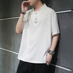 风夏季新款男士宽松盘扣棉麻衬衫休闲短袖T恤219-2-W18-P55,男装T恤,星座219-2