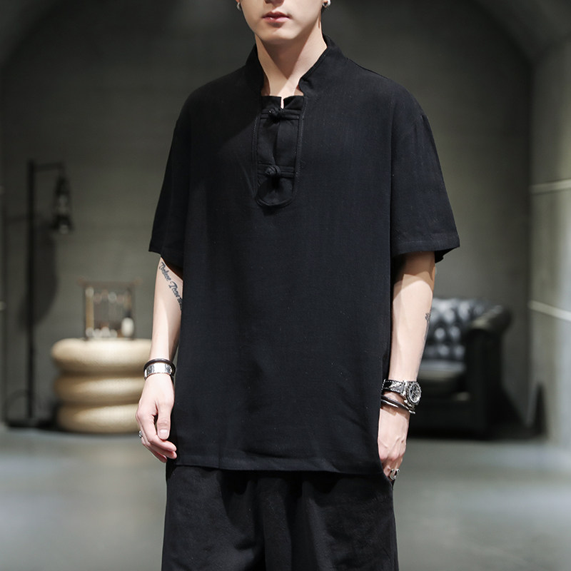 风夏季新款男士宽松盘扣棉麻衬衫休闲短袖T恤219-2-W18-P55,男装T恤,星座219-2