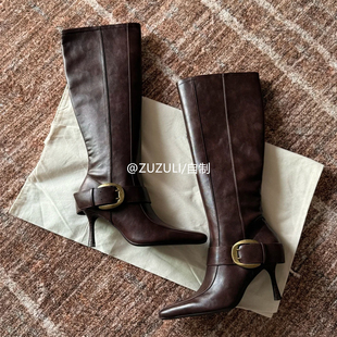 zuzuli*欧美风尖头复古细跟高筒靴女皮带扣细跟瘦瘦靴棕色长靴