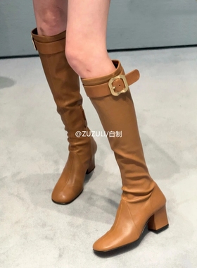 MIU*张元英同款粗跟不过膝长靴女2025新款皮带扣高筒骑士靴弹力靴