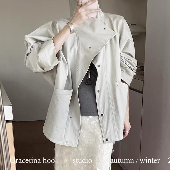 【福利】GRACETINA HOO秋季简约慵懒高智感百搭蝙蝠袖风衣外套005