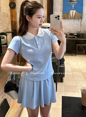DIGM新款韩系百搭正肩翻领短袖T恤+高腰显瘦短裙两件套装女60511