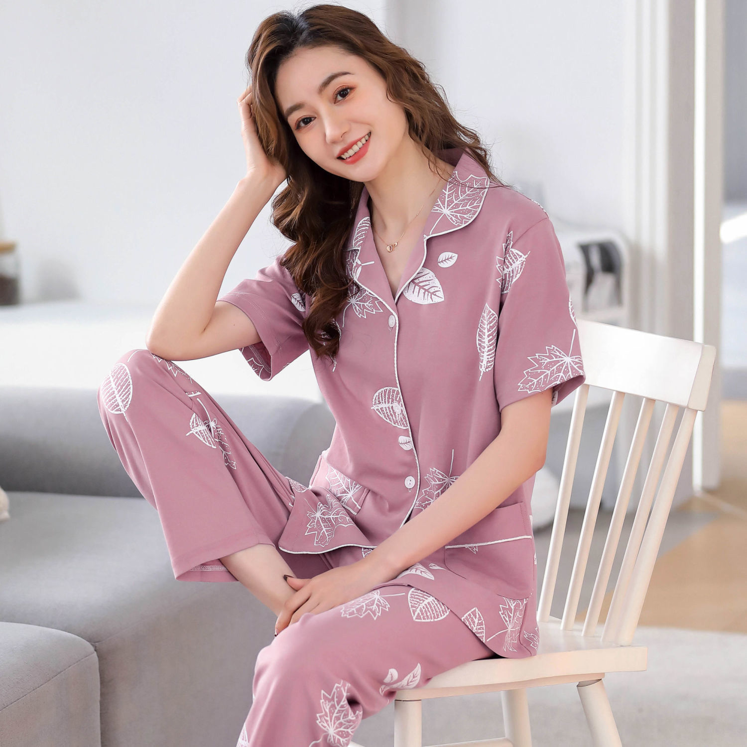 夏季100%纯棉睡衣女短袖长裤大码