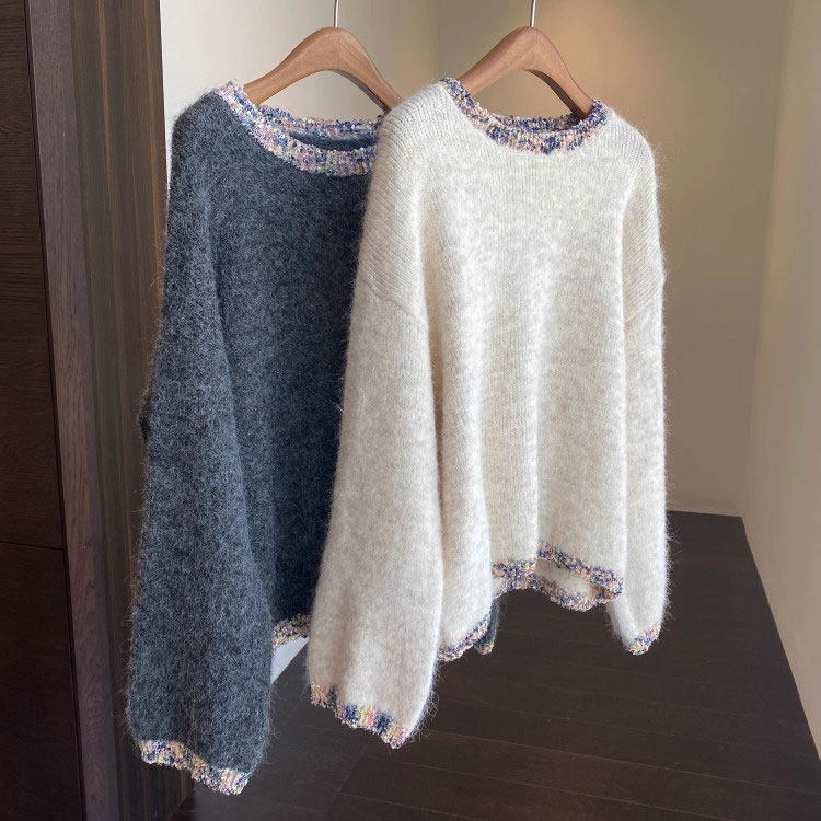 氛围感 贵气香风编织撞色设计感圆领长袖针织毛衣女2025秋冬新款