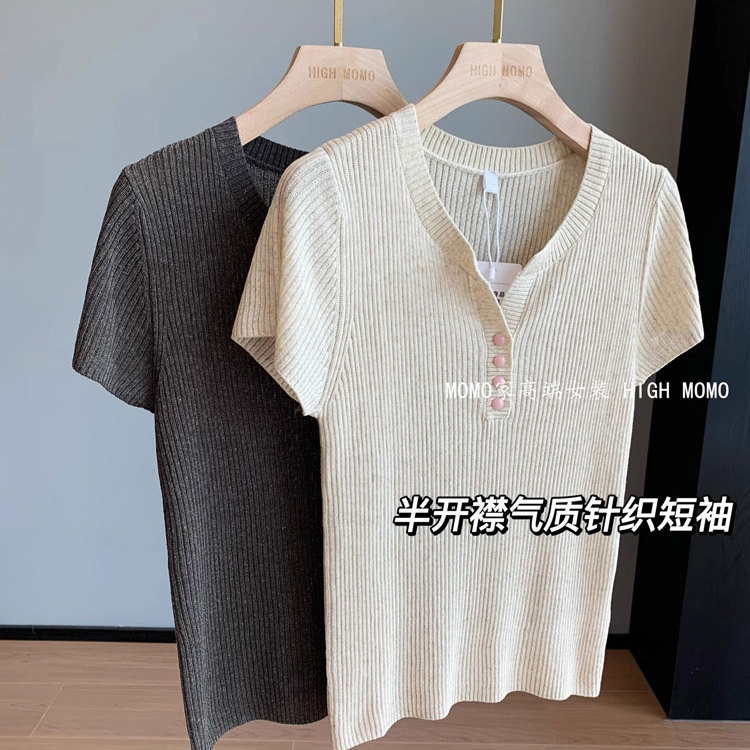 复古气质半开扣！坑条正肩v领针织衫天丝亚麻短袖t恤女25夏季新款
