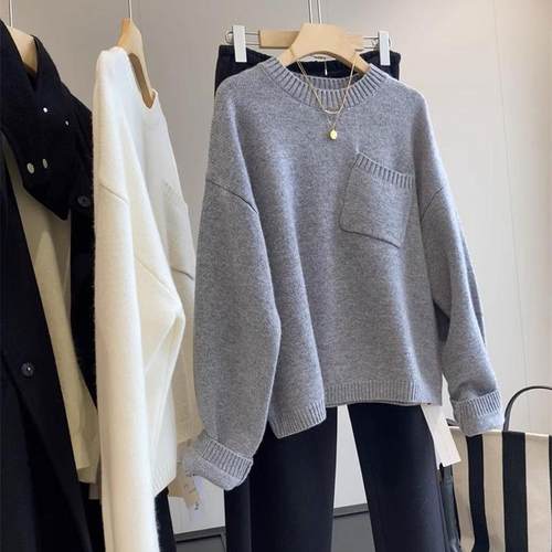 鄂家木巨4K！温柔松弛高级感100超细美丽诺羊毛圆领宽松口袋毛衣