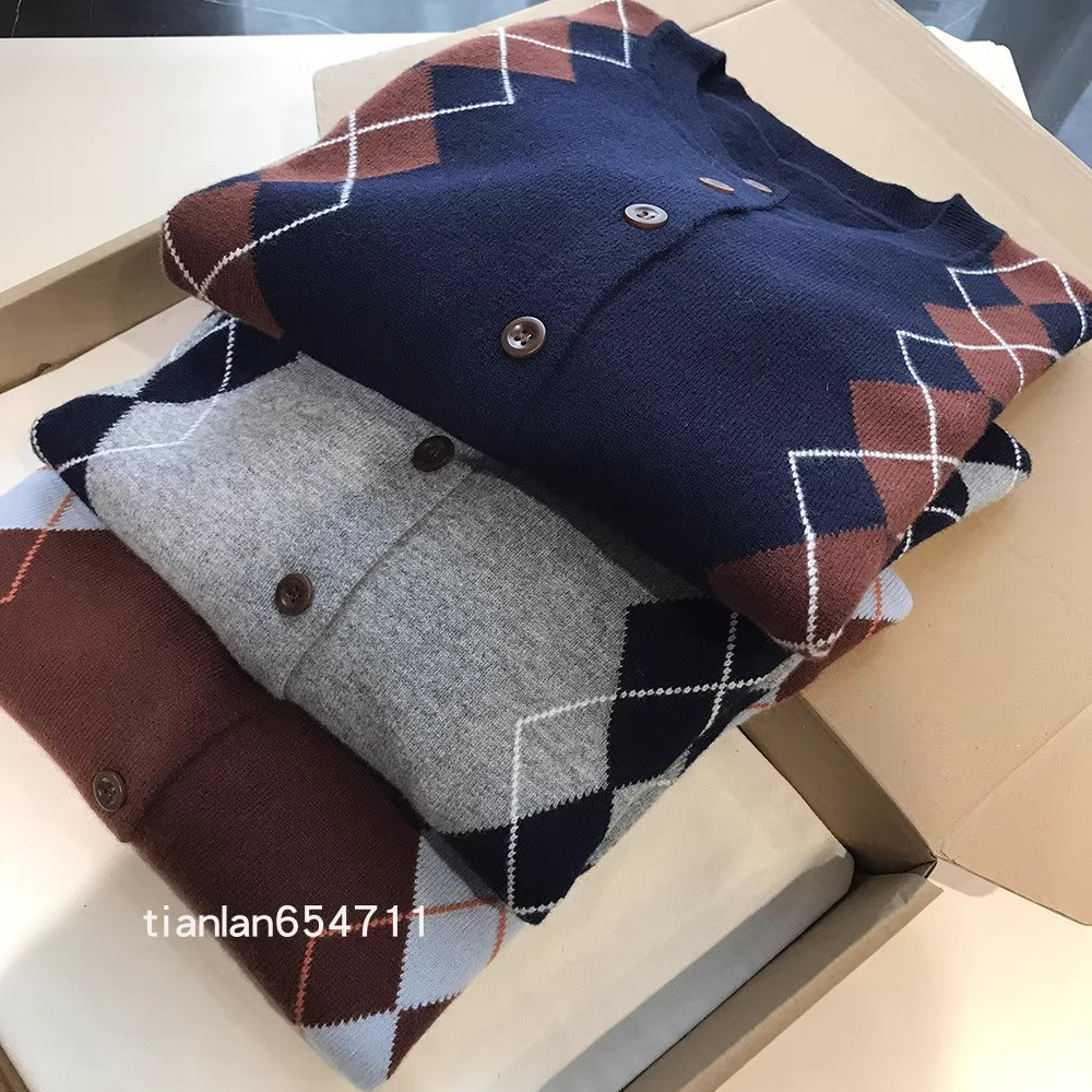 秋天ZZz浪漫的配色~复古有范！26支100%羊毛菱形格针织毛衣开衫女