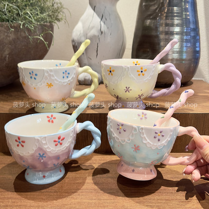 可爱手绘釉下彩杯子高颜值马克杯女水杯大容量早餐杯女咖啡陶瓷杯