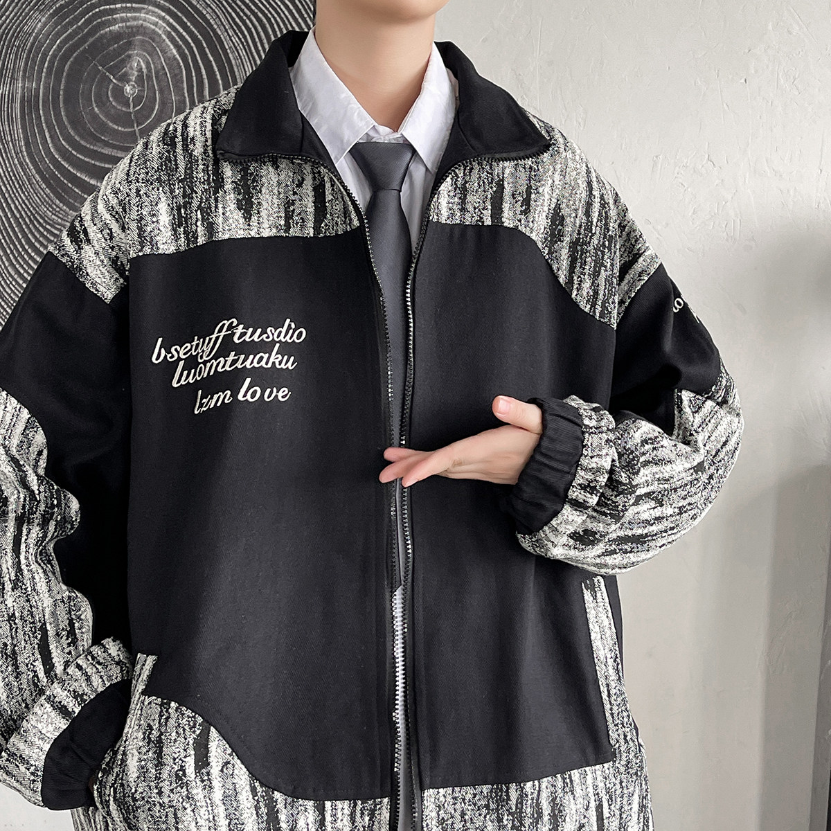 EY98秋季新款男女港风情侣撞色拼接工装开衫夹克棒球服外套P88,男装夹克,电商C306