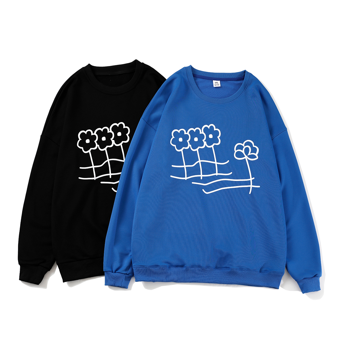 EQ07白底春季港风男女花朵印花长袖圆领套头卫衣外套宽松潮P58，女装短外套，电商C306