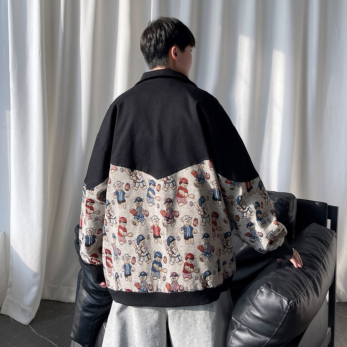 EY97秋季新款男女港风情侣撞色拼接工装开衫夹克棒球服外套P88,男装夹克,电商C306