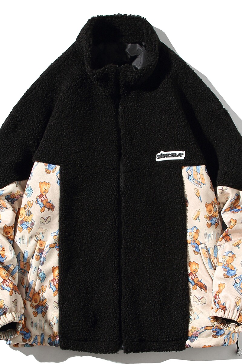 EY108冬季新款港风休闲男女拼接小熊加厚羊羔毛棉衣棉服外套P110,男装棉衣,电商C306