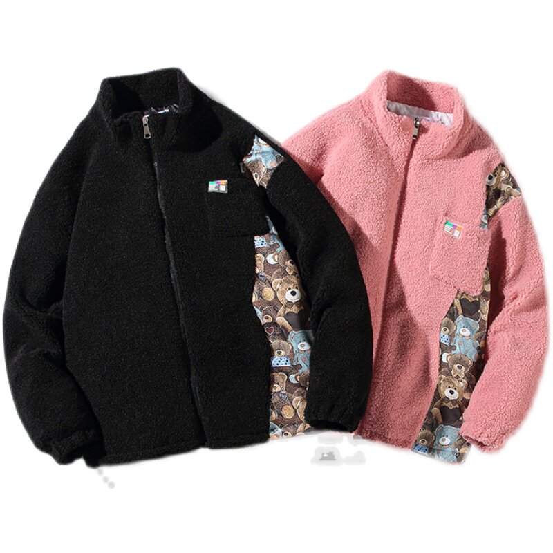 EY112白底港风冬季新款后背口袋拼接加厚羊羔毛棉衣棉服外套P118,男装棉衣,电商C306
