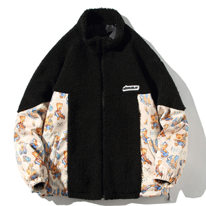 EY108 冬季新款港风宽松男女小熊拼接加厚羊羔毛棉衣棉服外套P110图片