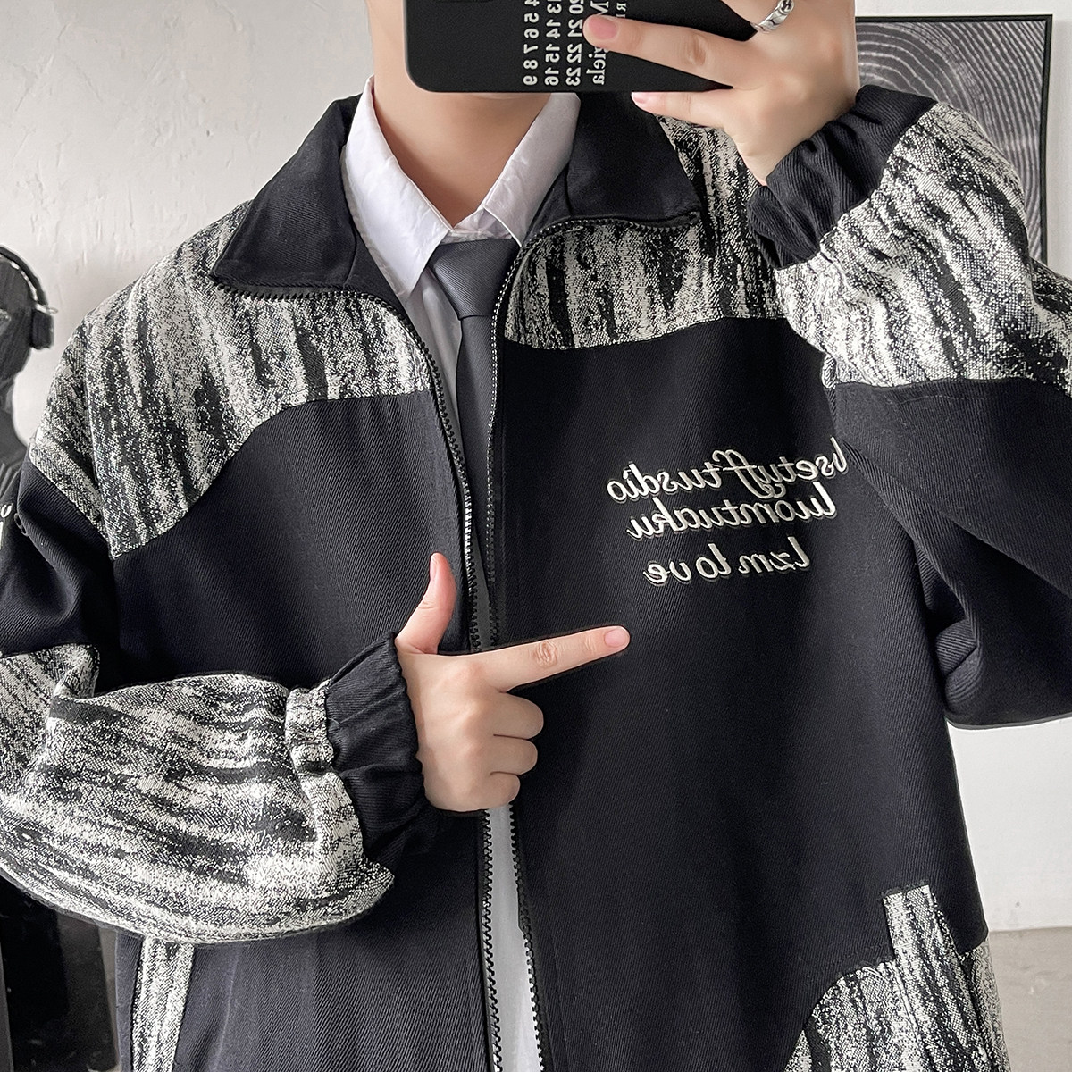 EY98秋季新款男女港风情侣撞色拼接工装开衫夹克棒球服外套P88,男装夹克,电商C306