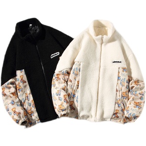 EY108 冬季新款港风宽松男女小熊拼接加厚羊羔毛棉衣棉服外套P110图片