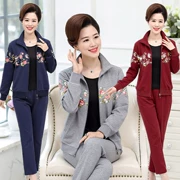 Mùa xuân và mùa thu Bộ đồ thể thao dành cho phụ nữ trung niên Cotton Plus Bộ đồ hai dây dành cho phụ nữ tuổi trung niên - Quần áo của mẹ