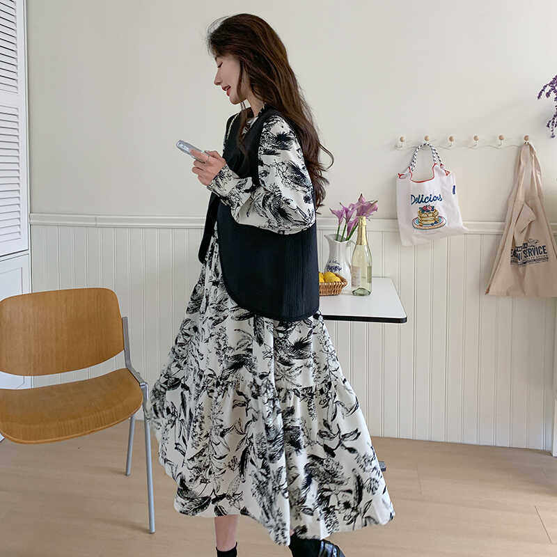 【现货春款】数据好水墨画连衣裙马甲2件套装207-026P155控238,女装套装/套裙,卡莱