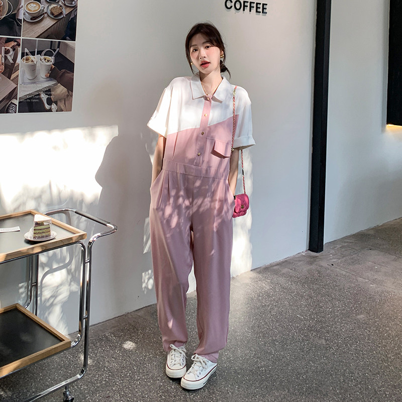 现货新款夏装撞色连体裤阔腿背带裤207-J9161P115控168,女装休闲裤,卡莱