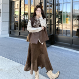 【新款】麂皮马甲衬衣半裙围巾4件套装207-8039P225控368，女装套装/套裙，卡莱