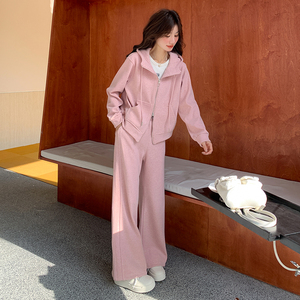 粉色休闲运动连帽卫衣女春季新款温柔系穿搭独特超好看长裤,女装运动套装,卡莱