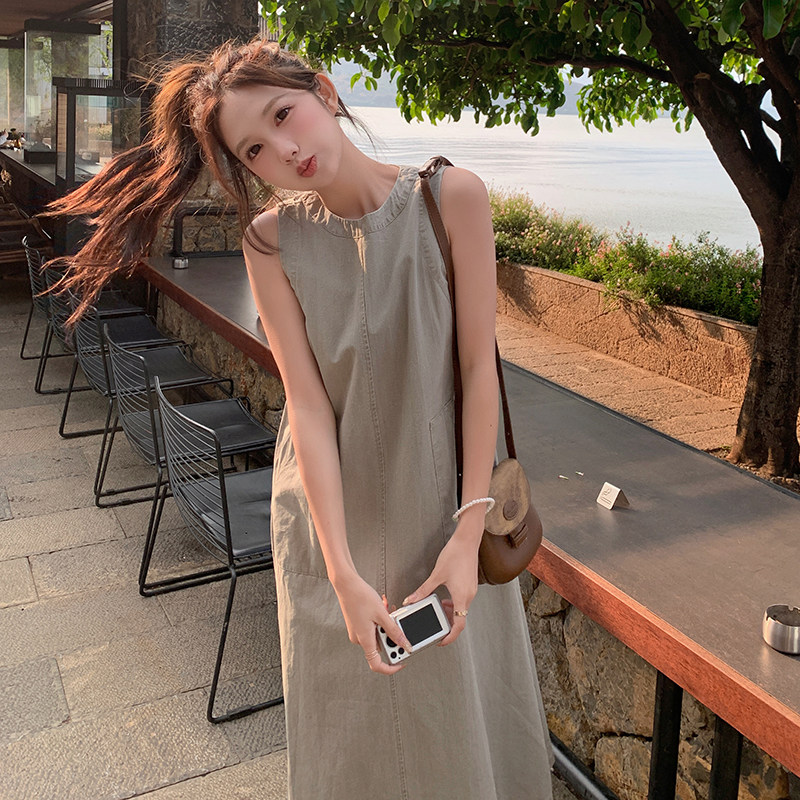 日系甜美减龄工装背心连衣裙女2025夏季新款韩版宽松显瘦牛仔长裙,女装连衣裙,卡莱