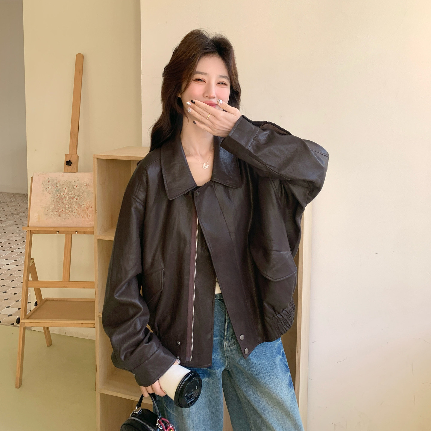 【新款】翻领蛋白PU皮衣短外套207-8033P145控238,女装短外套,卡莱