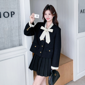 黑色小香风蝴蝶结外套百褶裙两件套女2025秋季新款复古名媛小个子,女装套装/套裙,卡莱