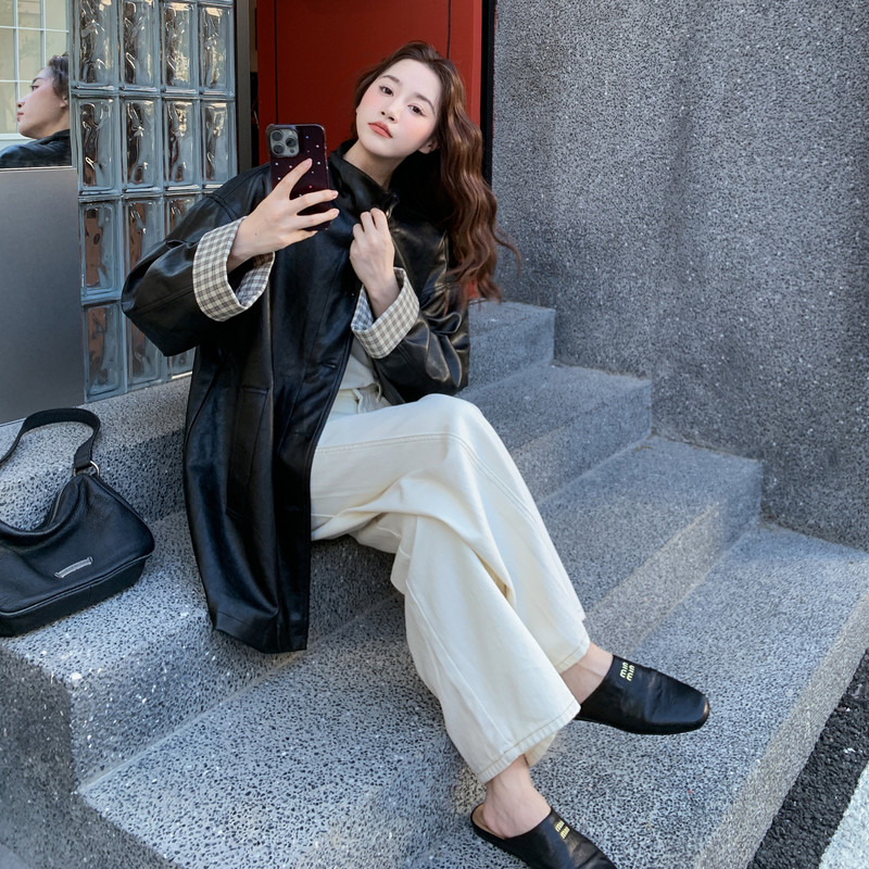 【现货春款】格子拼接PU皮衣宽松风衣外套207-193P165控258，女装风衣，卡莱