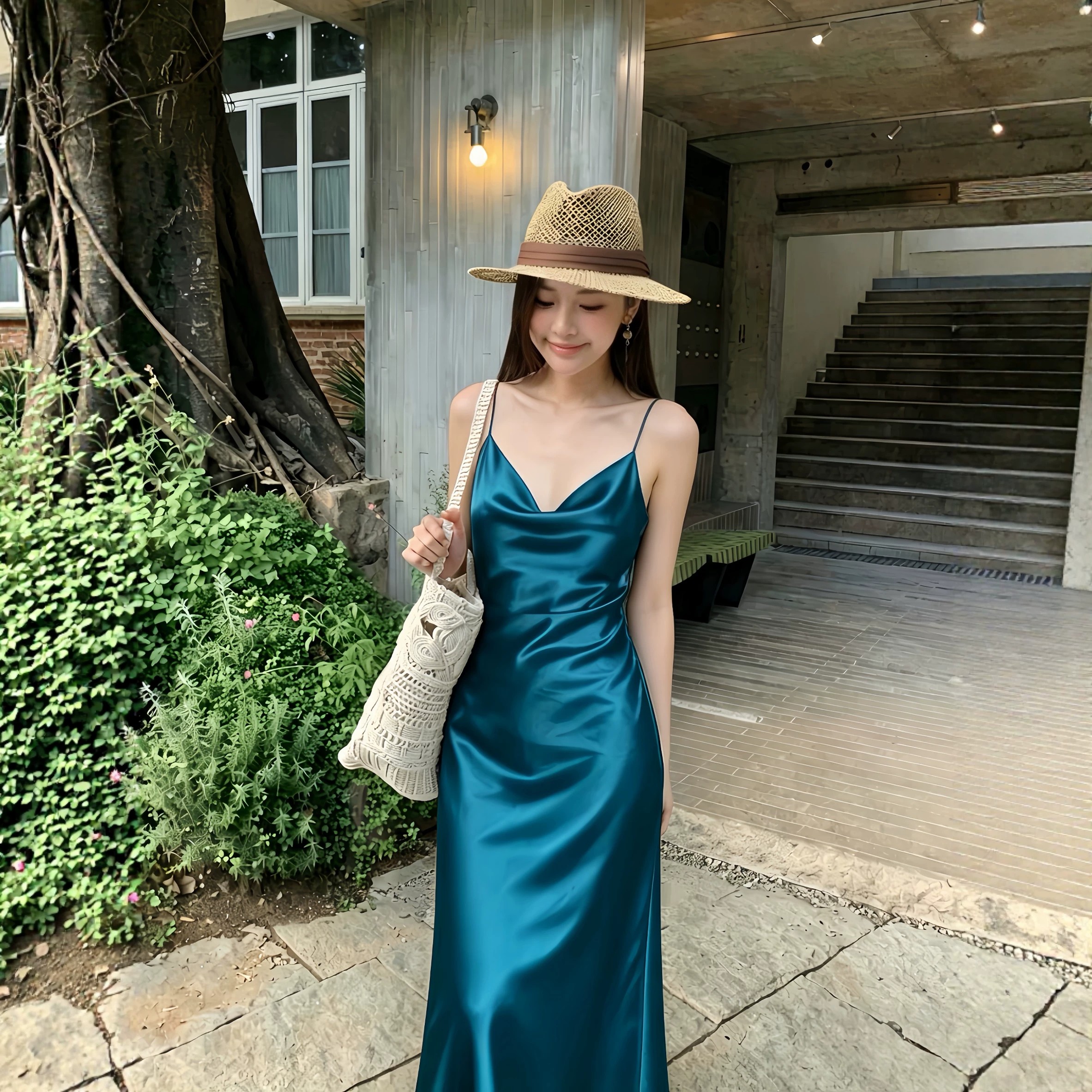 进口醋酸荡领吊带连衣裙女夏 4连衣裙