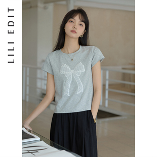 串珠蝴蝶结减龄T恤女夏新款 正肩圆领基础百搭短袖 EDIT LILI 上衣