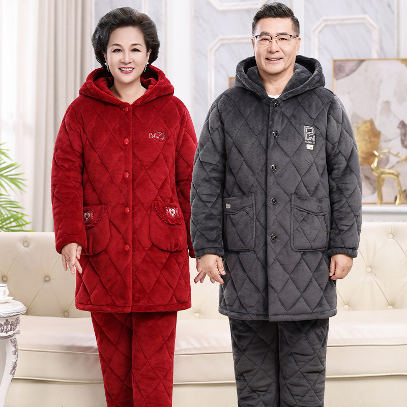 加长连帽中老年睡衣女妈妈秋冬季加厚保暖加绒夹棉珊瑚绒男士爸爸