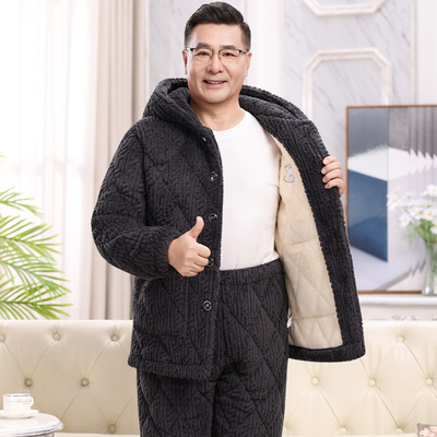 睡衣男士冬季加厚加绒珊瑚绒夹棉三层保暖中老年人爸爸家居服套装