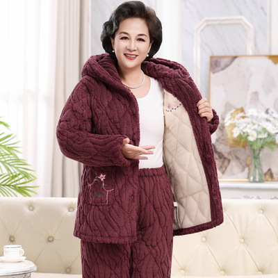 连帽睡衣女秋冬季加绒加厚珊瑚绒