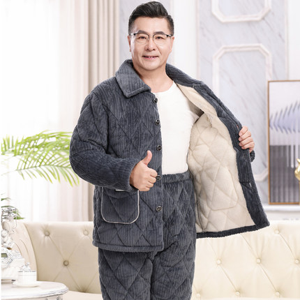 爸爸睡衣冬季三层加厚珊瑚绒夹棉保暖棉袄中老年男士秋冬款家居服